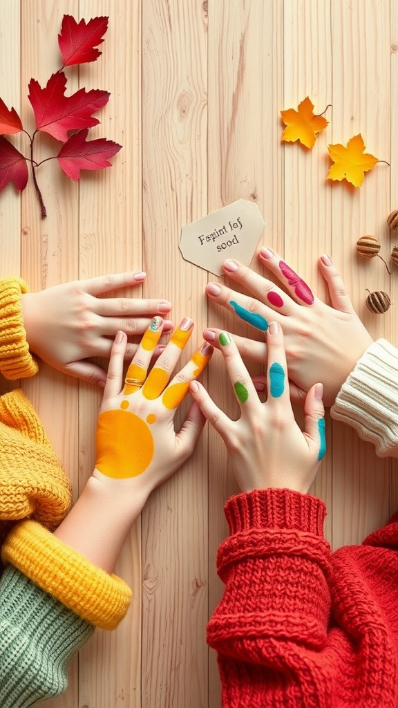 Colorful handprints of family members on a wooden table with autumn leaves.