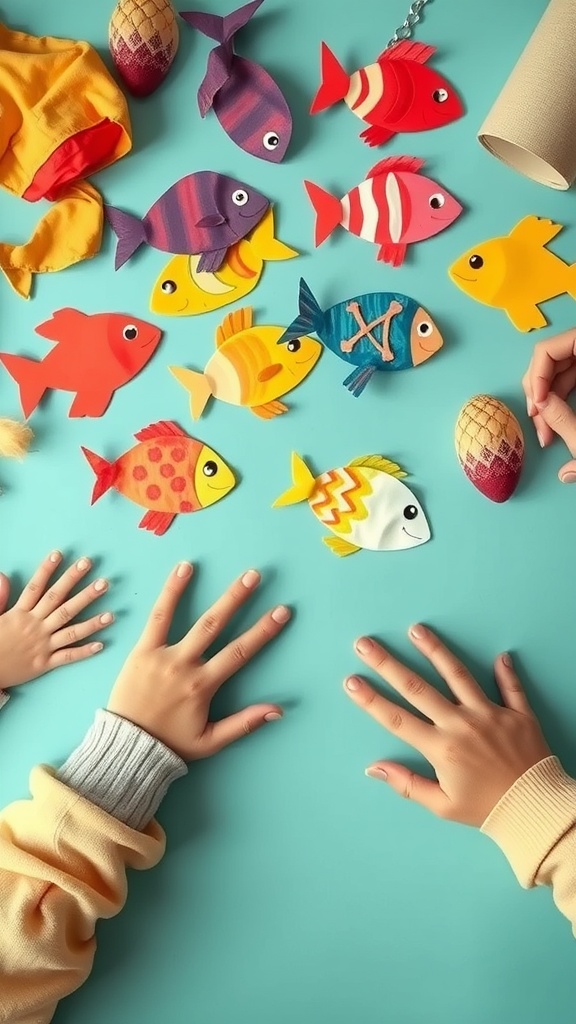Colorful handprint fish crafts made by kids, displayed on a blue surface with hands reaching out.