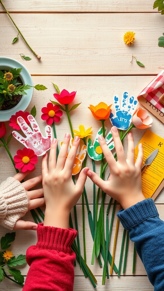 Kids making handprint flowers with colorful paper and hands