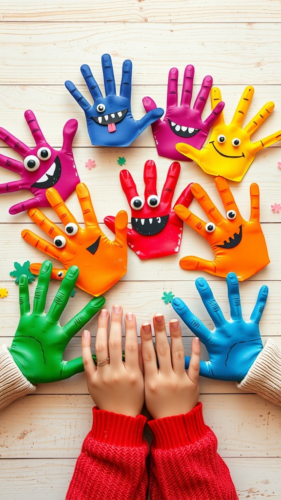 Colorful handprint monsters with googly eyes on a wooden surface