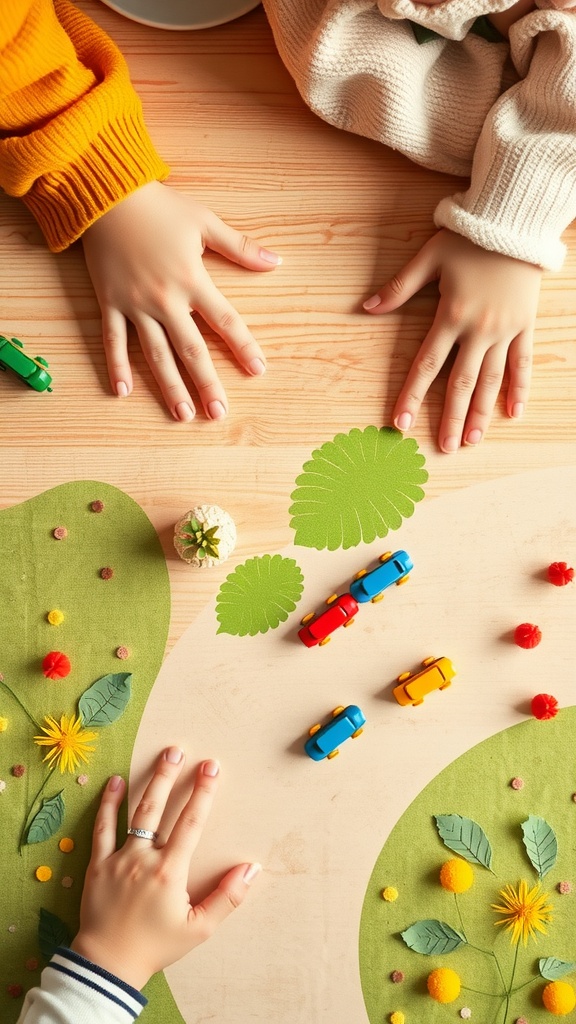 Children's hands creating handprint roads with toy vehicles on a colorful surface