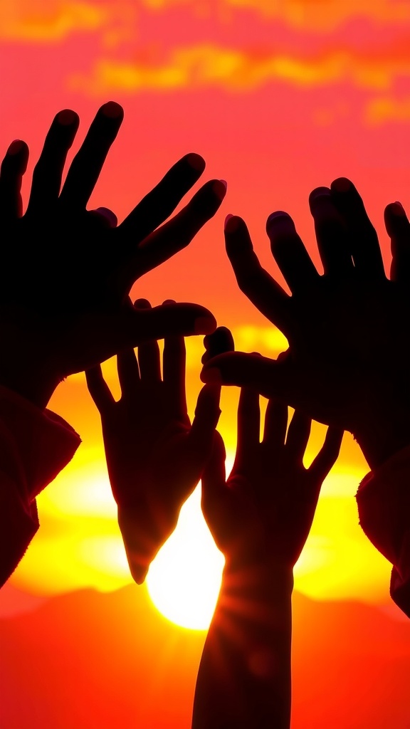 Handprint silhouettes against a vibrant sunset sky.