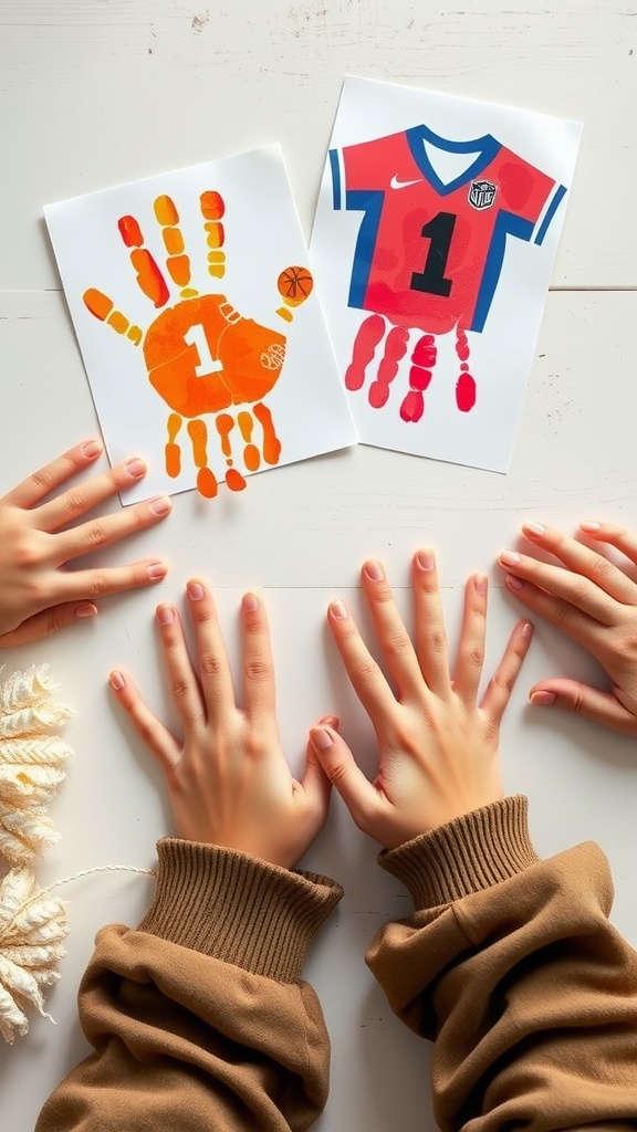 Colorful handprint crafts featuring a basketball and a sports jersey