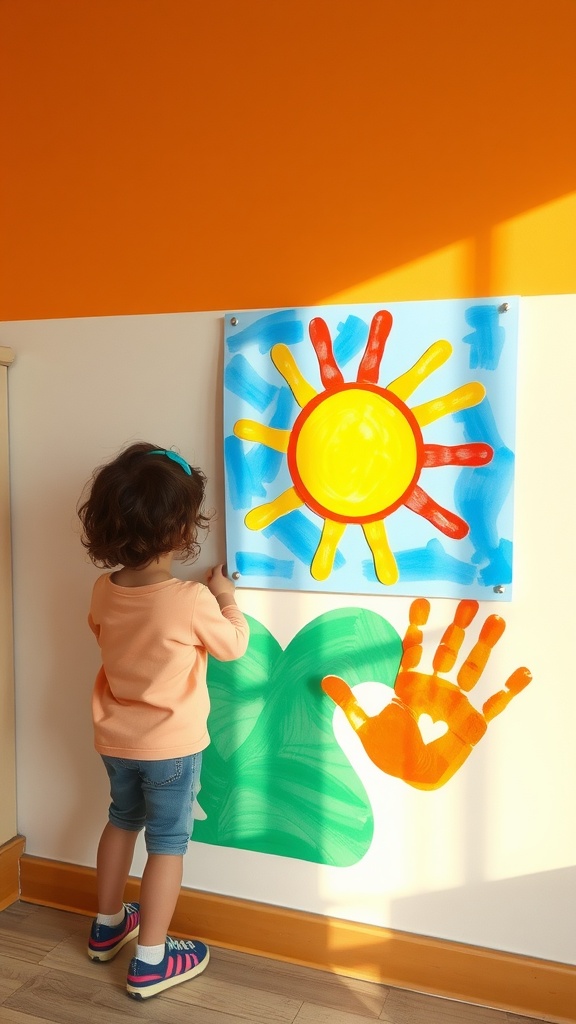 A child creating handprint sun art on a wall, featuring a sun and green leaf designs.