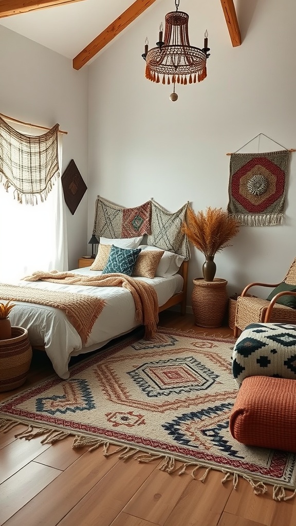 Cozy cottage bedroom featuring handwoven textiles and warm decor