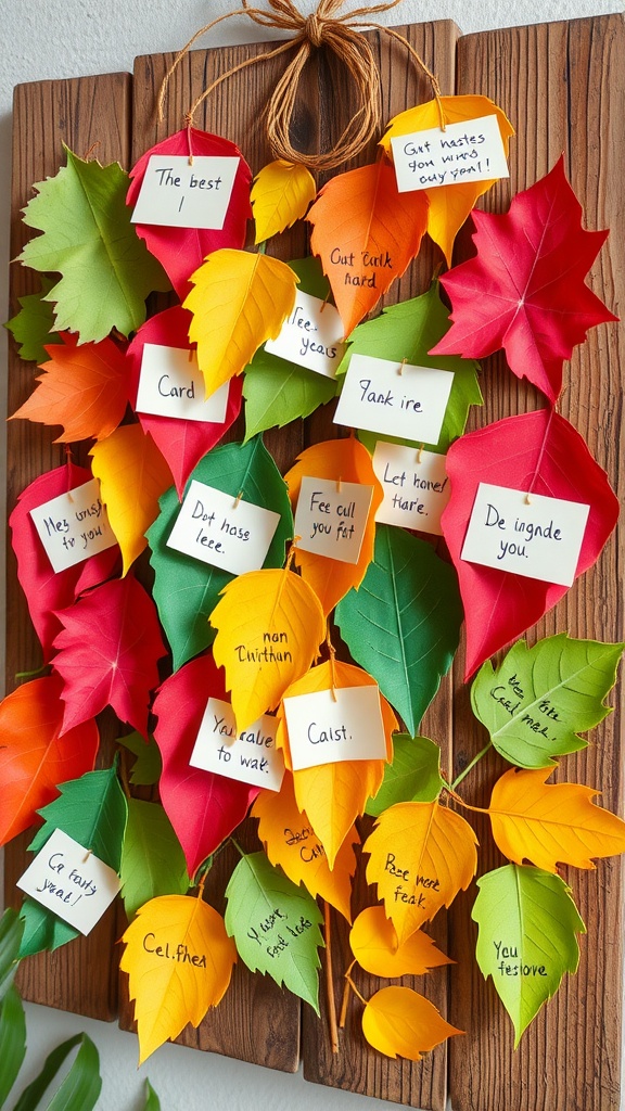 Colorful paper leaves with handwritten notes for a baby shower guest book.