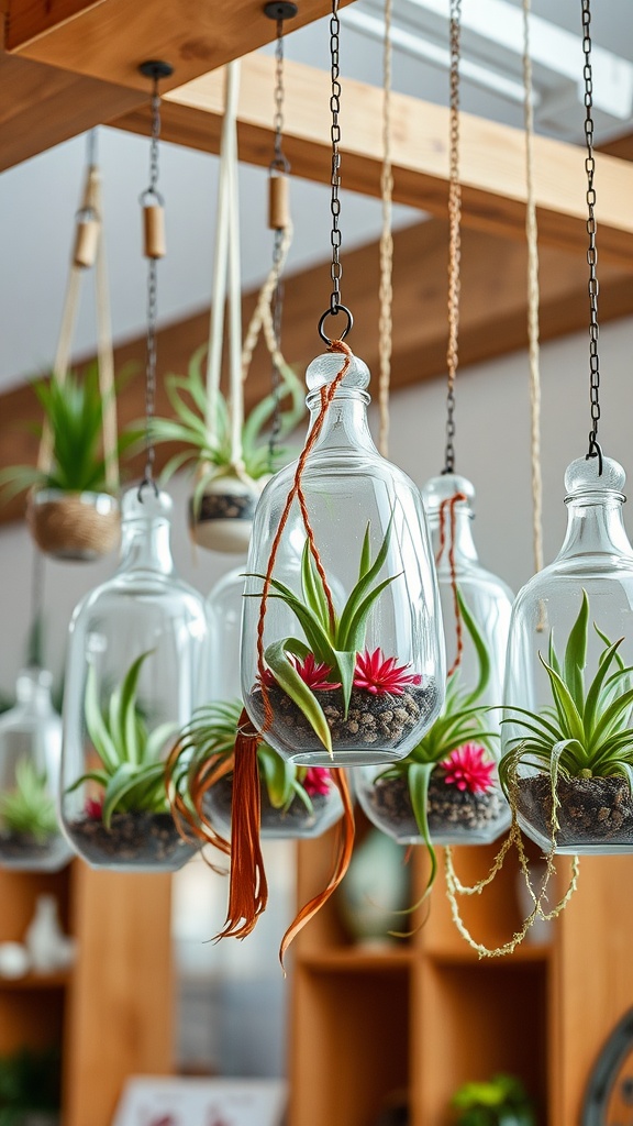 Hanging glass terrariums with air plants and colorful blooms