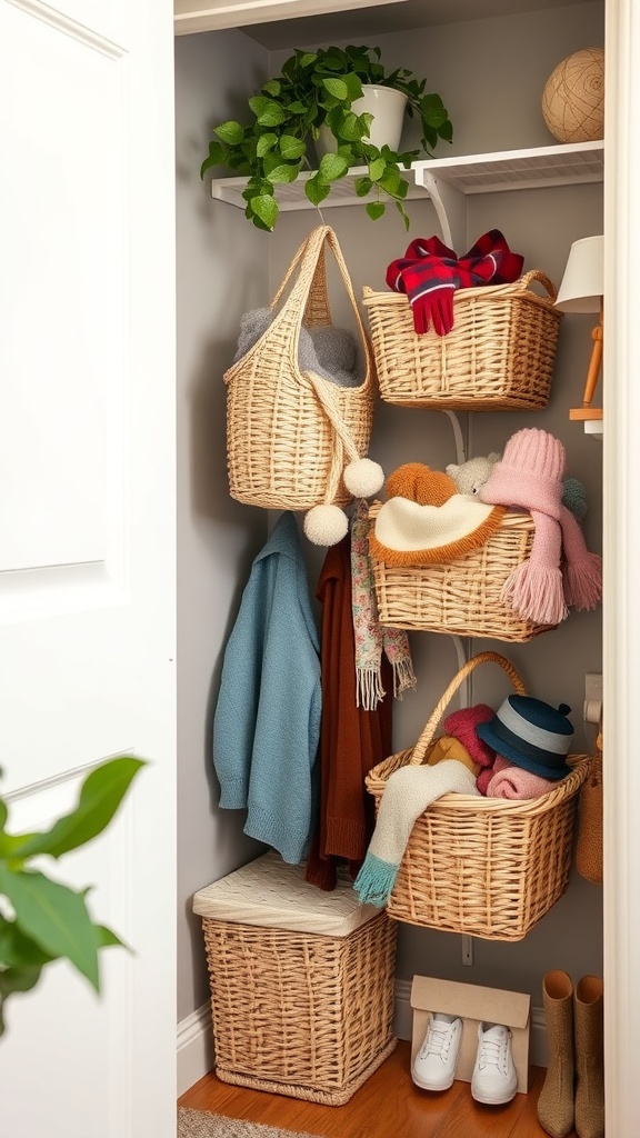 Organized kids closet with hanging baskets for accessories, featuring scarves, hats, and a plant.