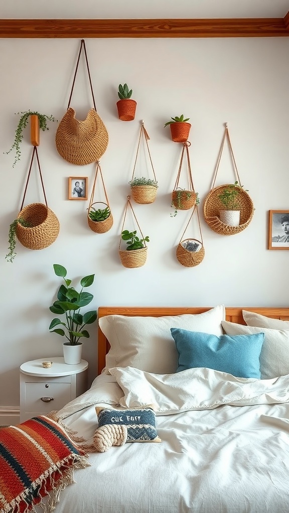 A bedroom wall featuring hanging woven baskets with plants and decorative items.