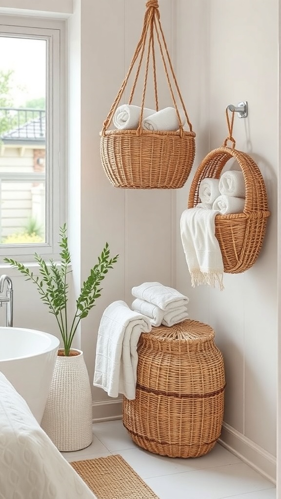 Two hanging wicker baskets in a bathroom, one filled with rolled towels and the other with hand towels, alongside a decorative plant.