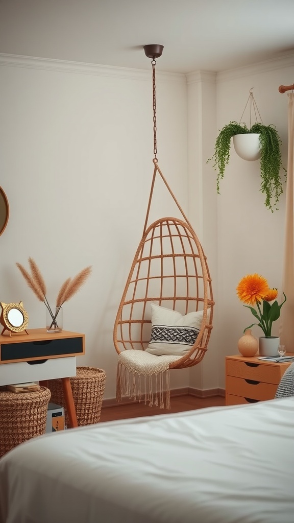 A cozy boho bedroom featuring a hanging chair, plants, and warm decor.