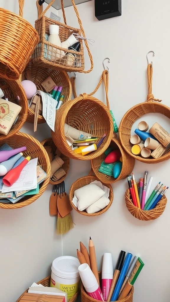 A wall display of hanging baskets filled with craft supplies like markers, papers, and tools.