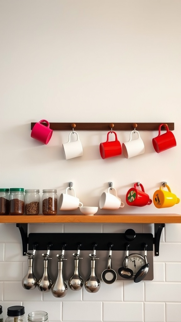 A colorful hanging cup display featuring various mugs on a wooden rack.