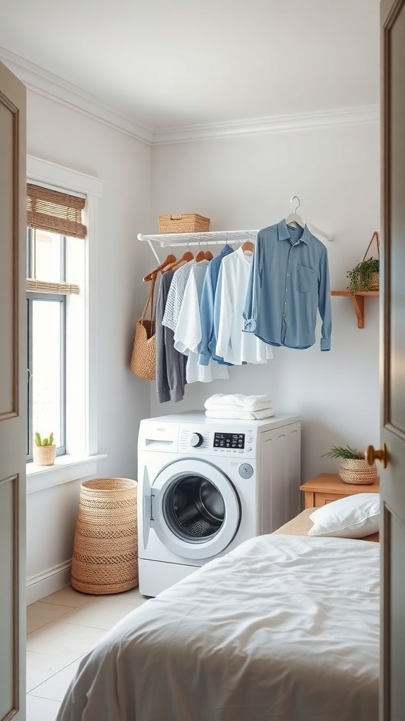 A small laundry room featuring a hanging drying rack with neatly arranged clothes, a washing machine, and decorative baskets.