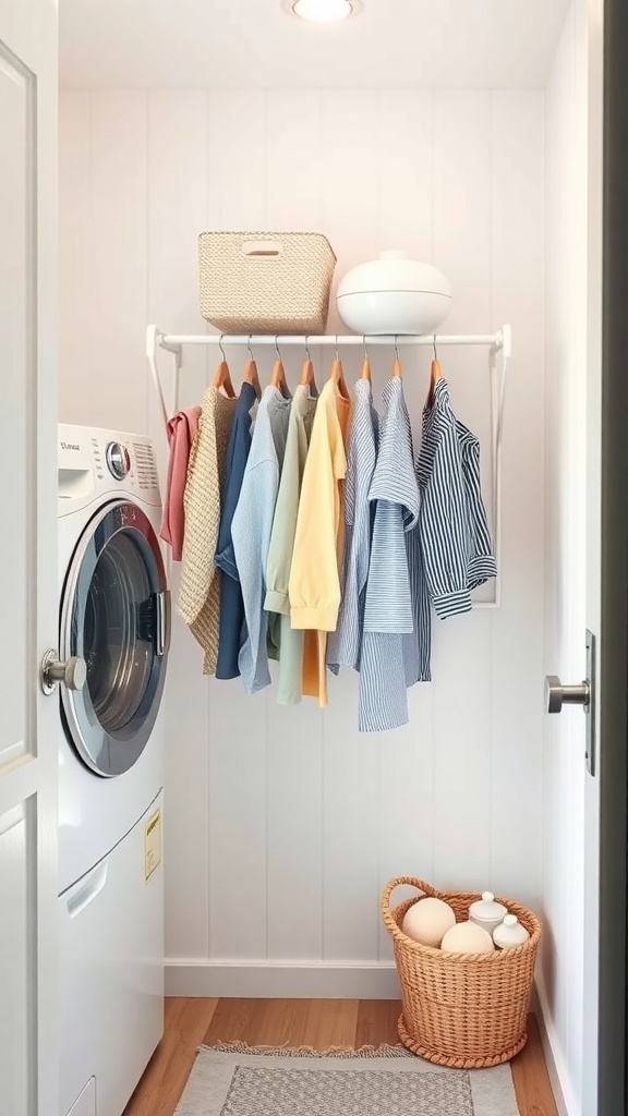 A small laundry room featuring a hanging drying rack with colorful shirts, a washing machine, and decorative storage baskets.