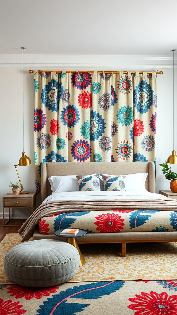 A colorful bedroom featuring a fabric panel headboard with floral design.