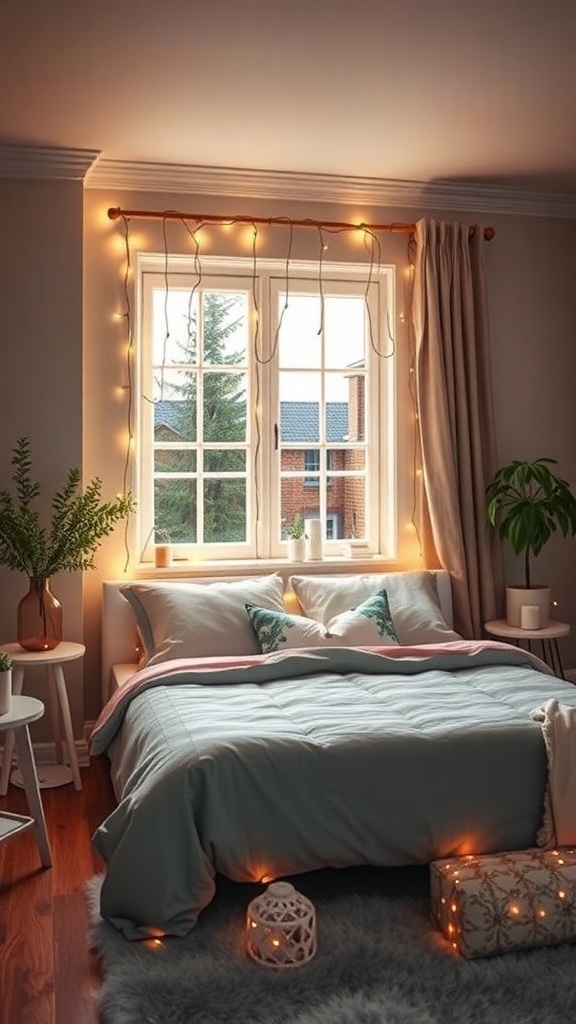 A cozy bedroom featuring fairy lights hanging around the window, creating a warm atmosphere.