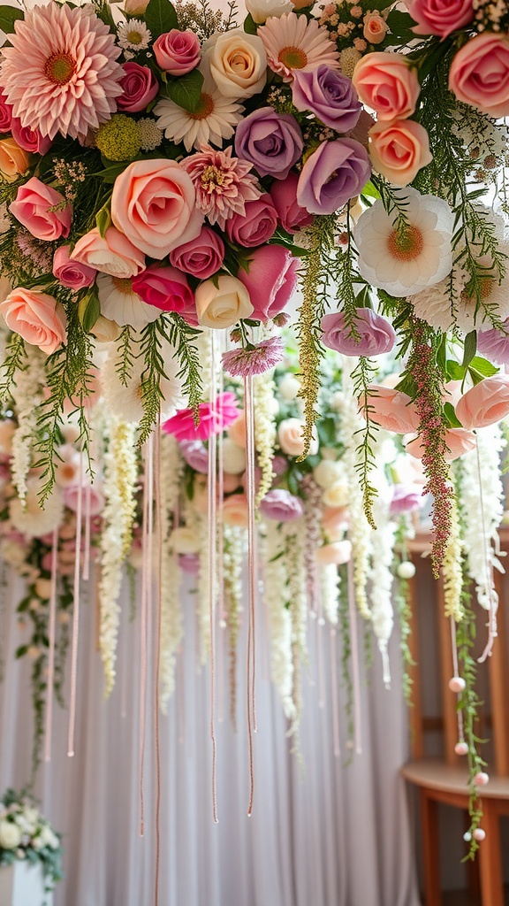 Colorful hanging floral installation with roses, daisies, and greenery.