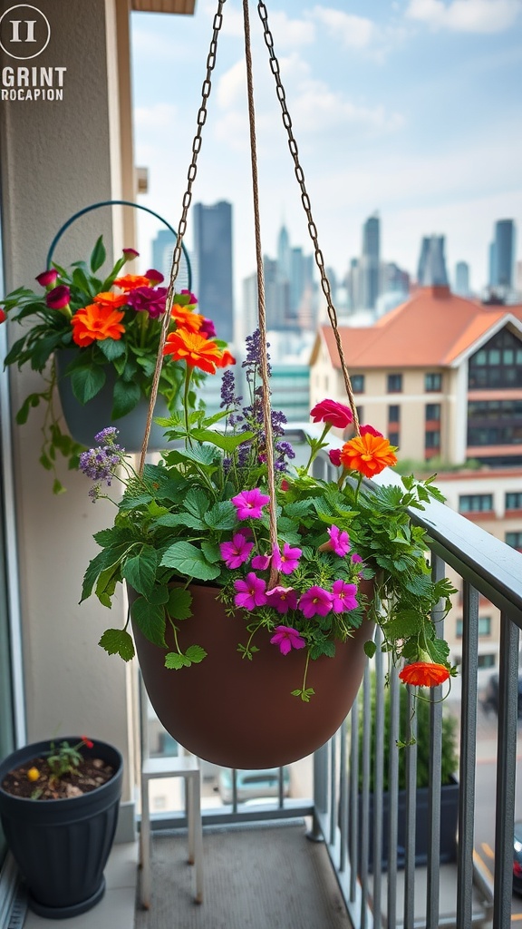 A balcony with vibrant hanging flower pots and a view of the city skyline.