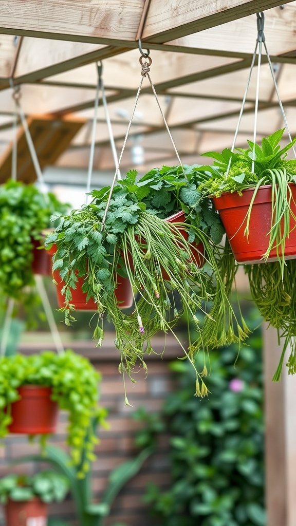 Hanging herb baskets filled with various herbs
