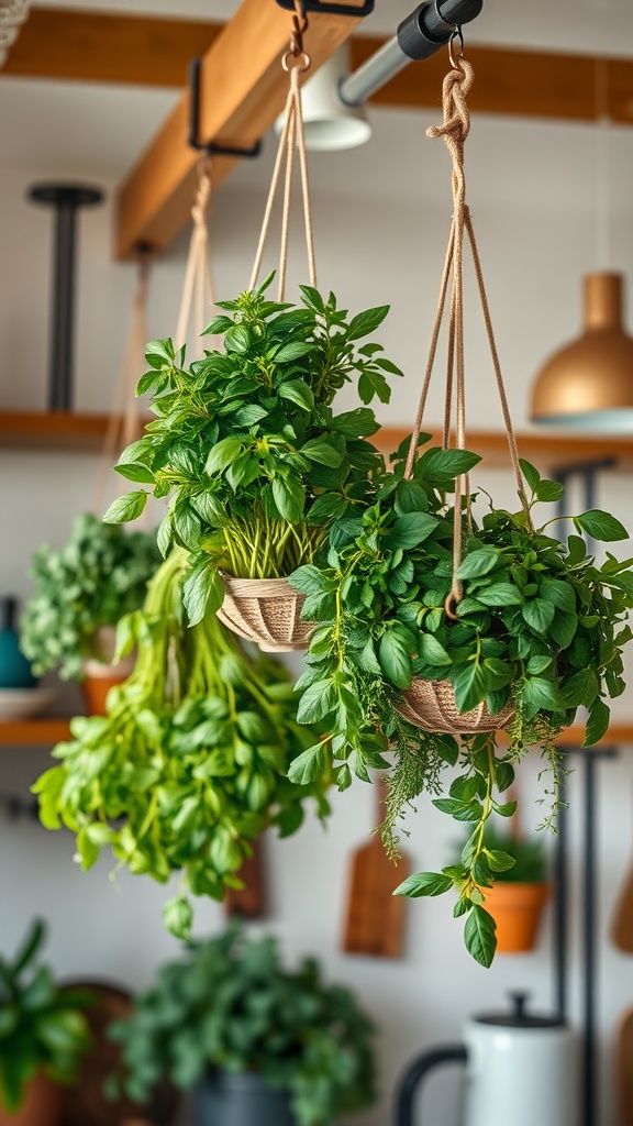 Hanging baskets filled with fresh herbs, creating a vibrant indoor garden display.