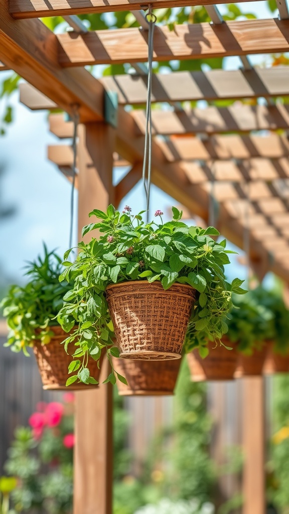 Hanging baskets filled with lush green herbs in a sunny garden setting.