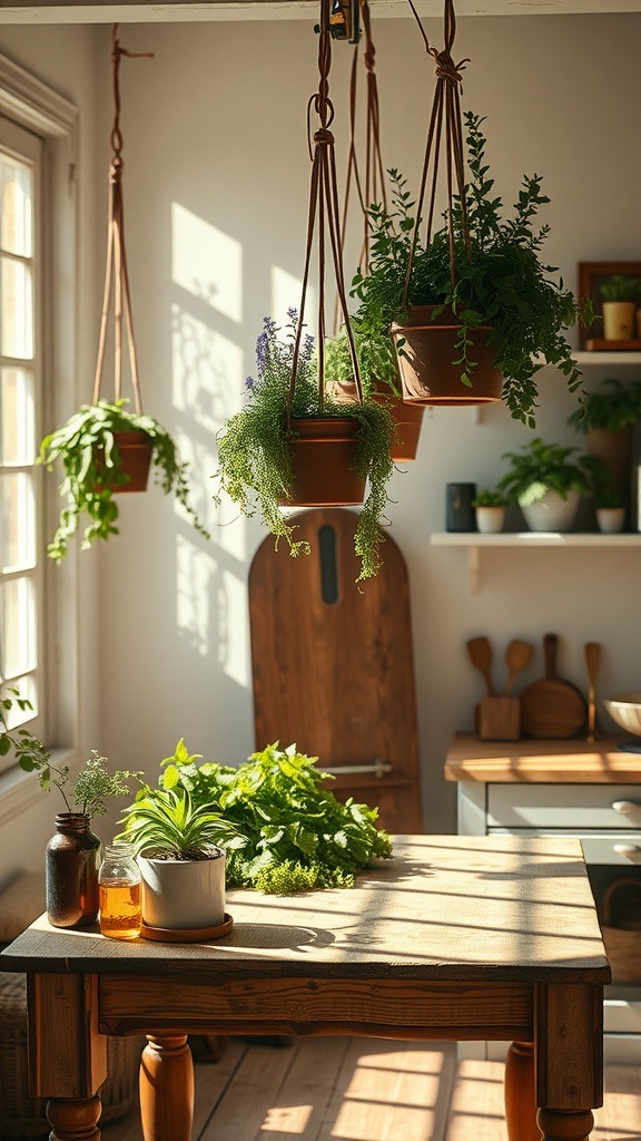 A cozy kitchen with hanging pots of herbs, showcasing a wooden table with fresh greens and jars.