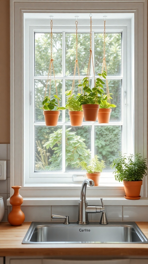 A kitchen window with hanging pots of herbs and plants, showcasing a rustic home decor style.