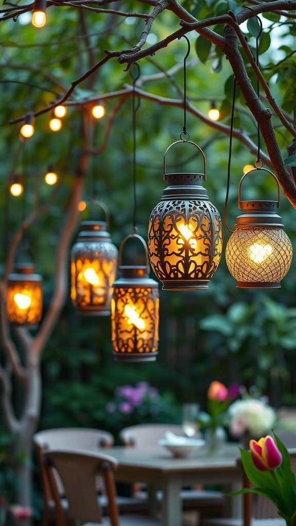 Beautifully designed hanging lanterns illuminating a backyard setting.