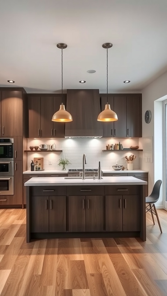 Modern kitchen with two hanging pendant lights over an island, featuring dark cabinetry and light countertops.