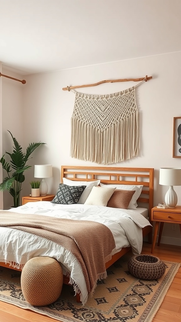 A cozy bedroom featuring a hanging macrame wall art above a wooden bed with soft bedding and decorative pillows.