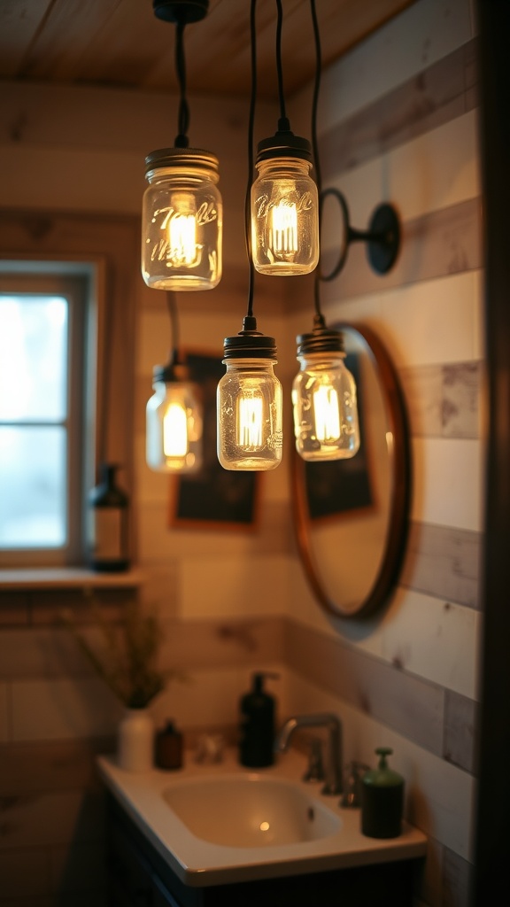 Rustic bathroom with hanging mason jar lights illuminating the sink area