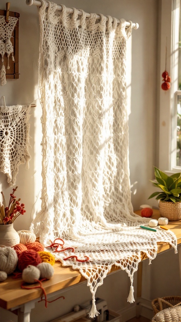 A beautifully crafted crochet curtain hanging in a sunlit room, showcasing intricate patterns and warm colors.