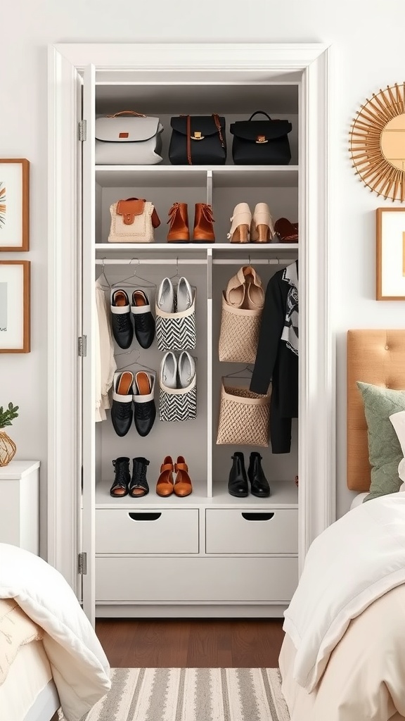 A well-organized closet with hanging organizers storing shoes, bags, and accessories