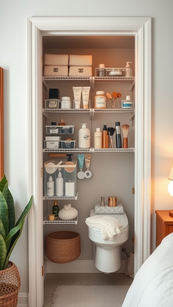A well-organized bathroom closet with shelves and hanging organizers, showcasing beauty products and accessories.