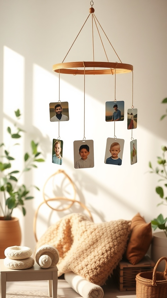 A hanging photo mobile displaying family pictures in a cozy living space.