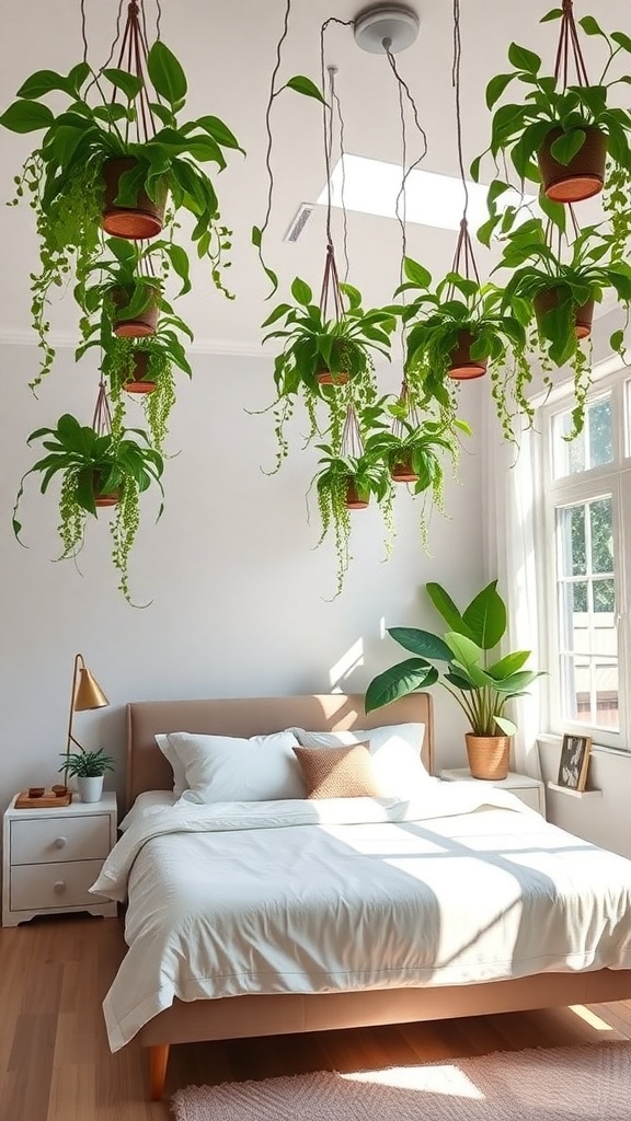 A cozy bedroom featuring multiple hanging plants from the ceiling, with a bed and natural light.