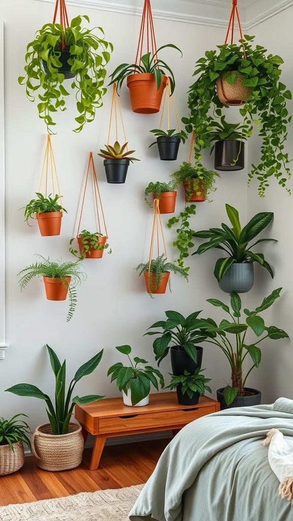 A wall decorated with various hanging planters filled with green plants, showcasing a lively indoor garden.