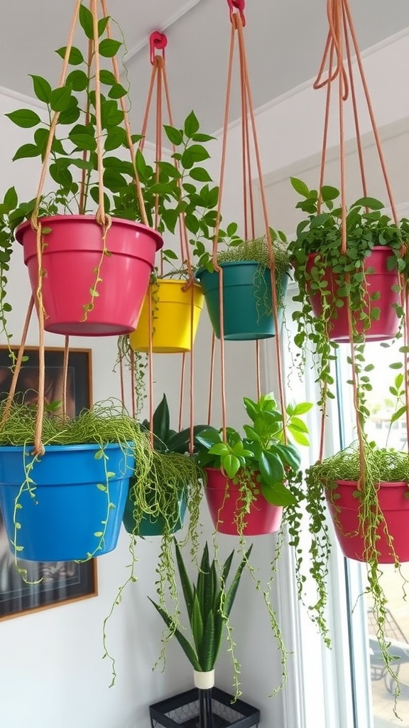 Colorful hanging planters filled with green plants in a bright indoor space.