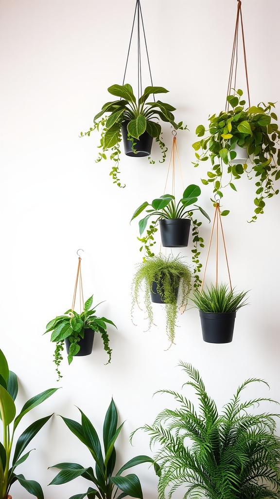 A collection of hanging planters featuring various green plants against a white wall
