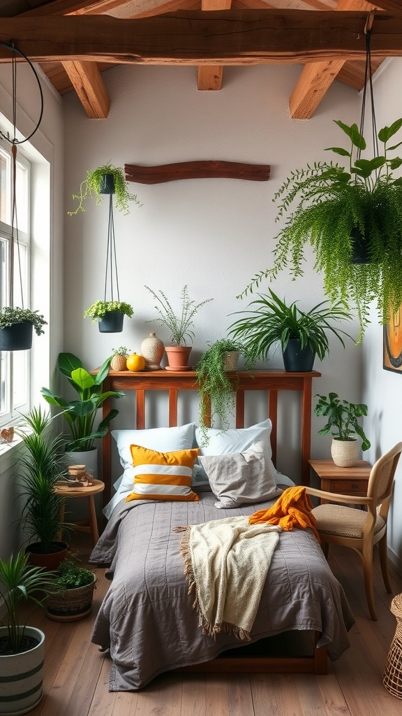 A cozy rustic bedroom decorated with various hanging plants and greenery.