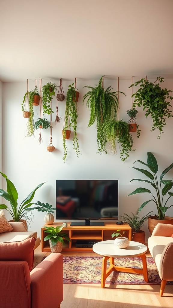 Living room with hanging plants above a television, featuring a cozy seating area.