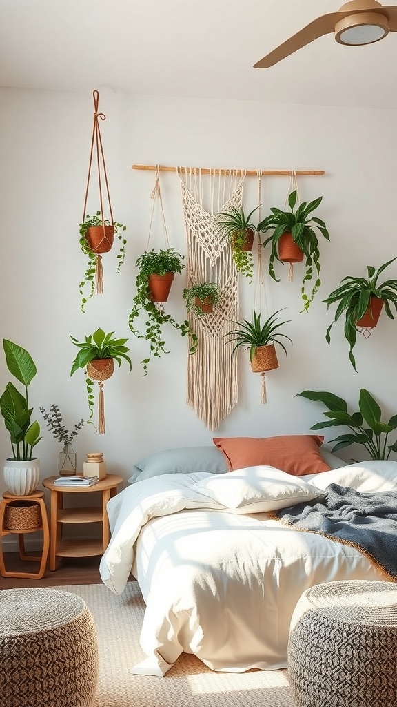 A cozy bedroom featuring hanging plants in macrame hangers, with a macrame wall decor piece and a neatly made bed.