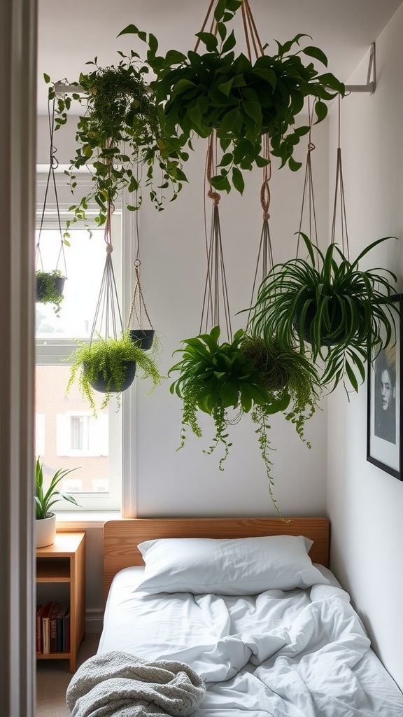 Small bedroom with hanging plants above the bed