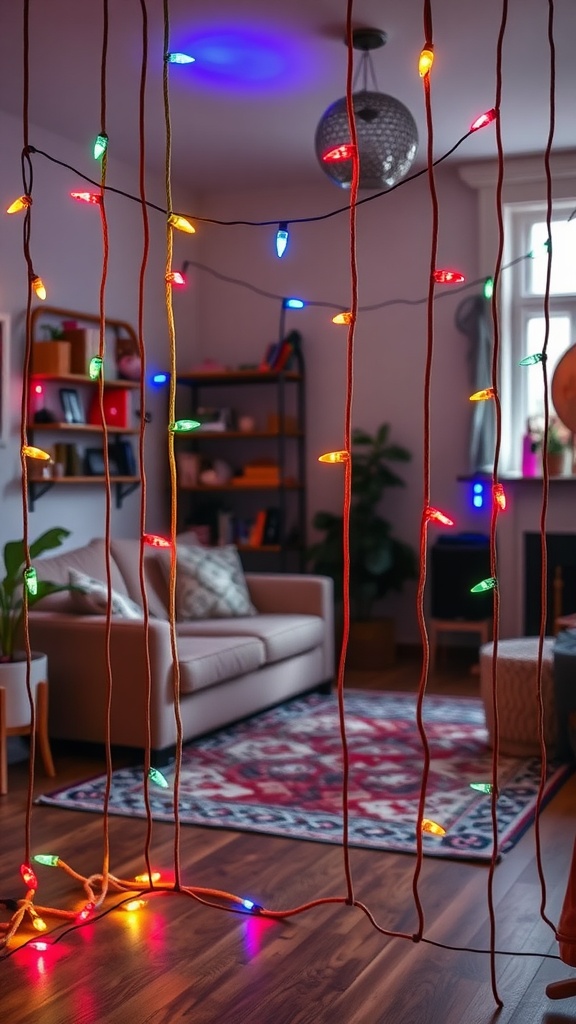 Colorful string lights hanging as a room separator