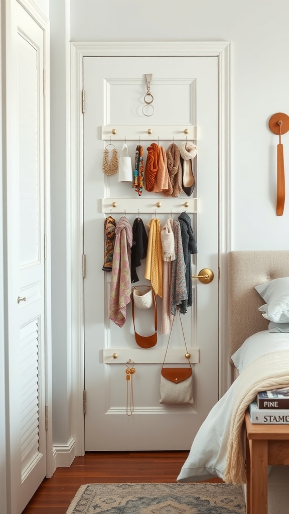 A door with a hanging shoe organizer displaying various accessories like scarves and bags.