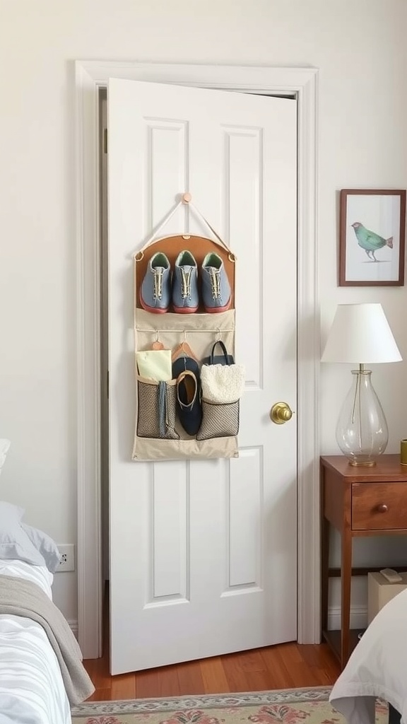 A shoe organizer hanging on a door filled with shoes and miscellaneous items.