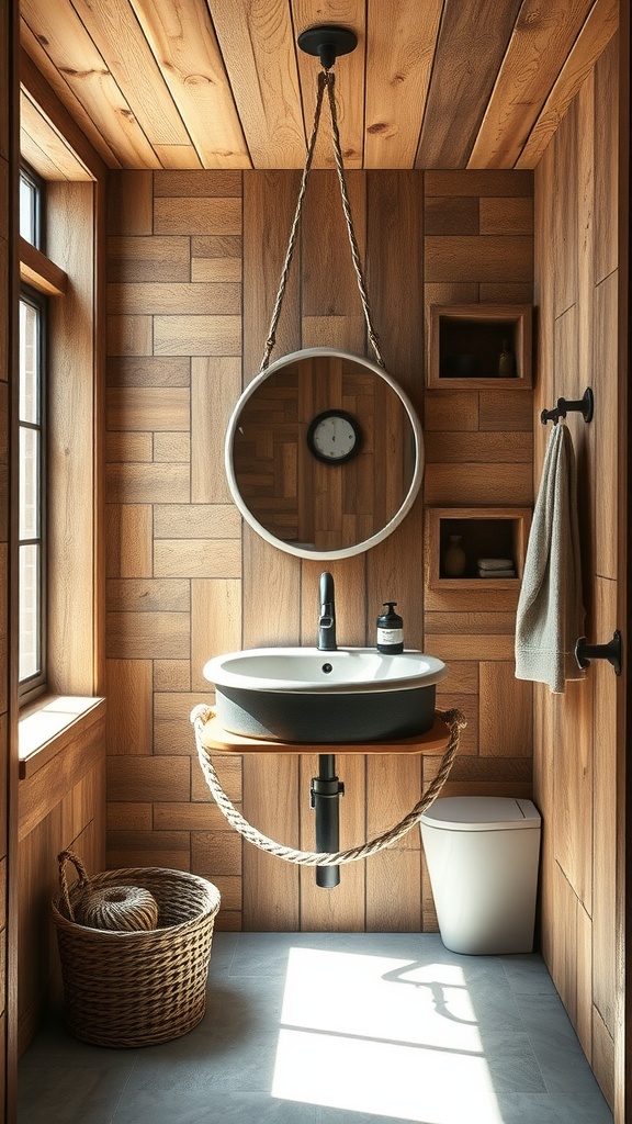 A rustic bathroom featuring a hanging sink with rope accents, surrounded by wooden walls.