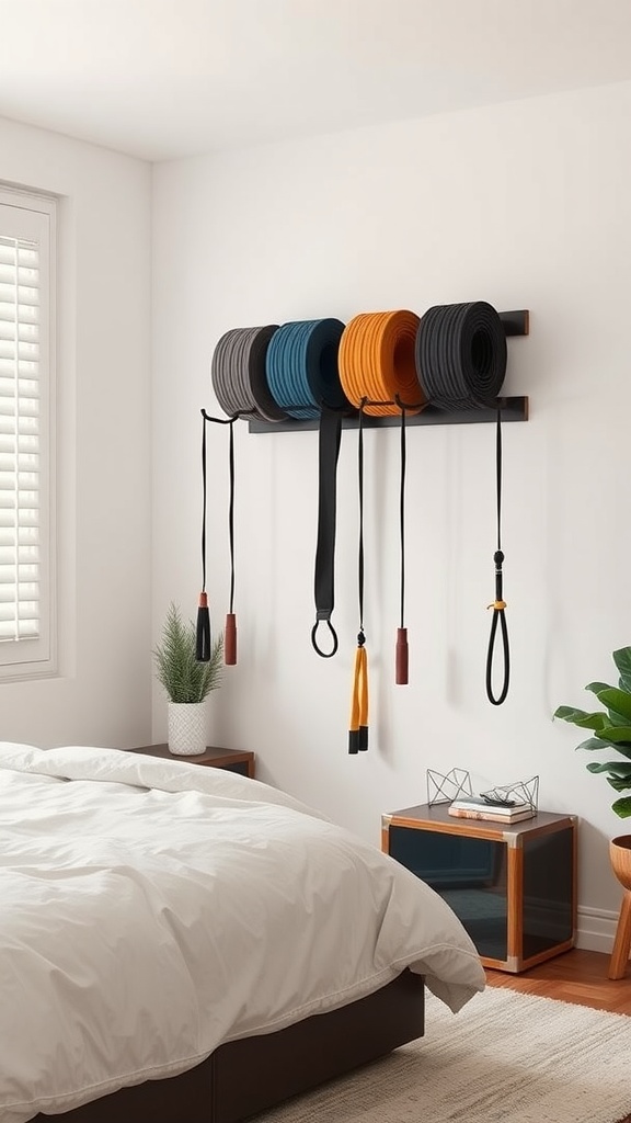A neatly organized wall-mounted rack with colorful resistance bands in a bedroom gym corner.