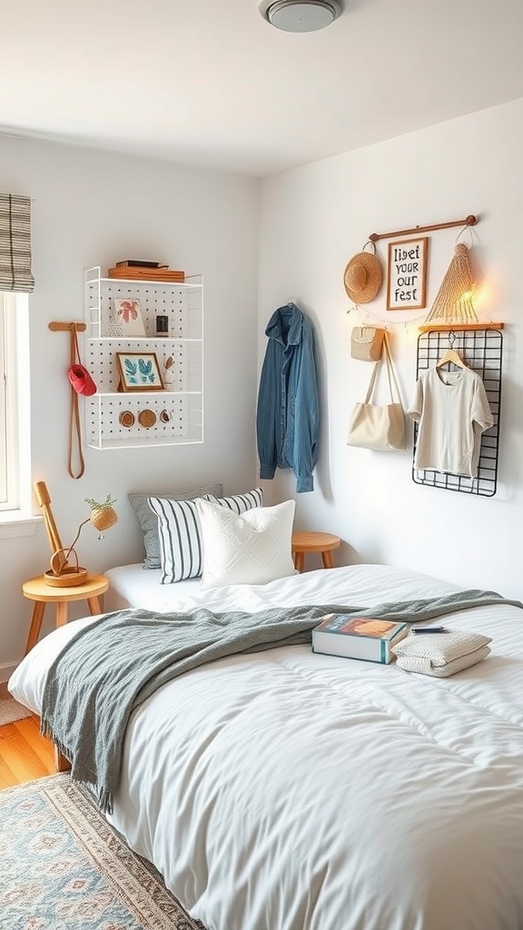 A cozy tiny bedroom featuring hanging storage solutions, including a pegboard shelf and wall hooks.